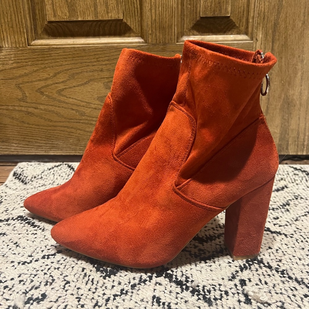 JustFab Orange Velvet Boot Heels